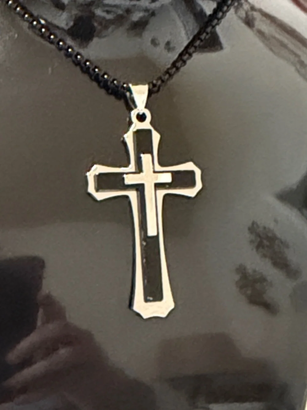 NWT Men’s Black Stainless Steel Layered Cross Pendant Necklace Chain